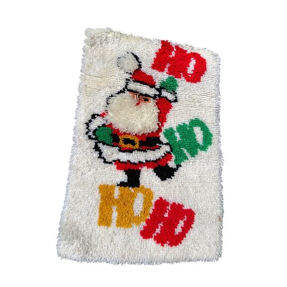 Hand Knotted Santa Claus Rug HO HO HO Christmas Holiday Themed Floor Mat White - Picture 2 of 4